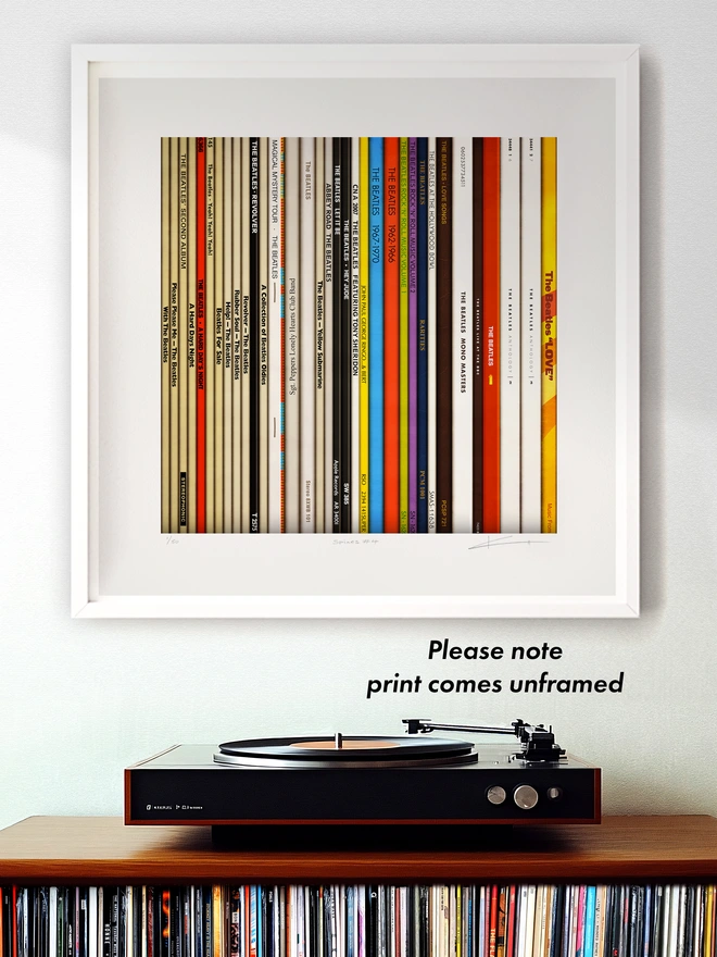 Fine Art print of vinyl records Beatles album spines framed example