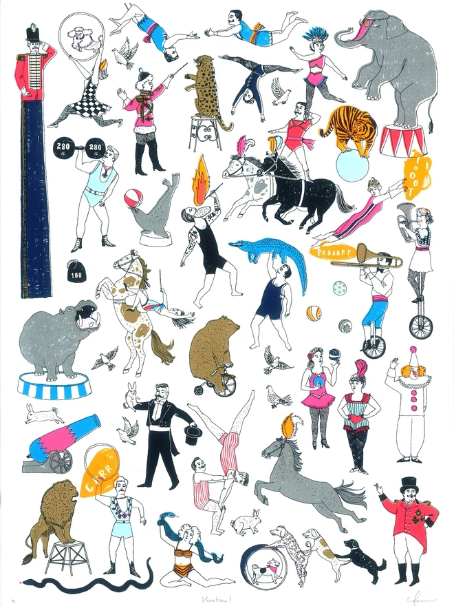 Showtime! Circus Screen Print, a colourful screen print with lots of circus animals. 