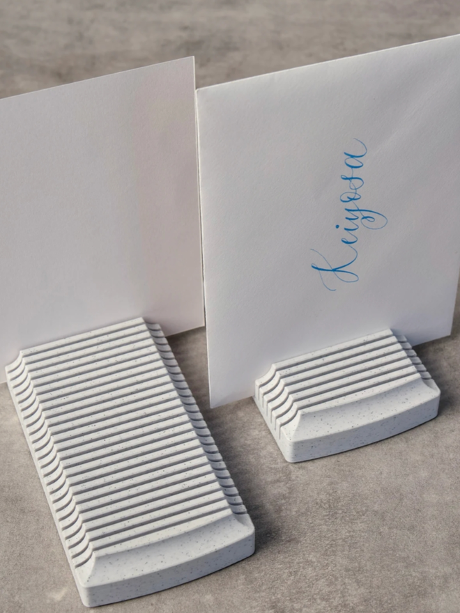 Calligraphy Card Drying Rack. The drying rack and its smaller variant shown in use with two cards placed inside.