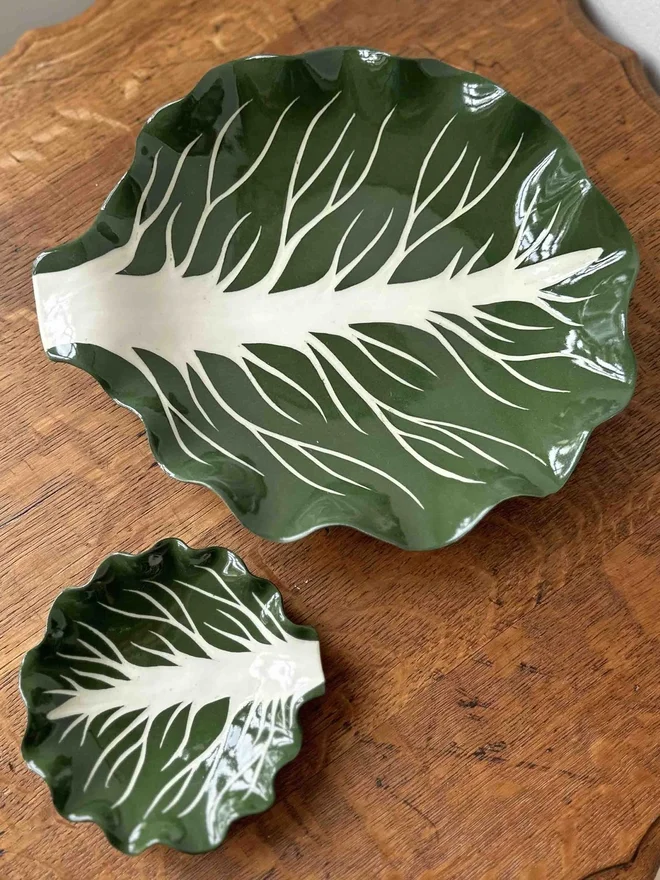 dark green cabbage style ceramic serving bowls