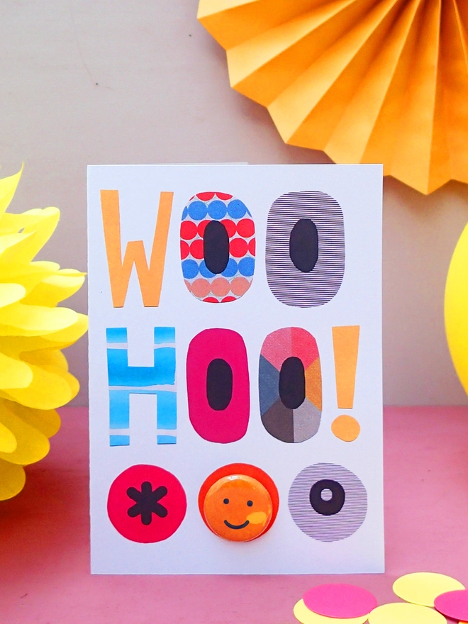 Woo Hoo! Birthday card with happy face pin badge