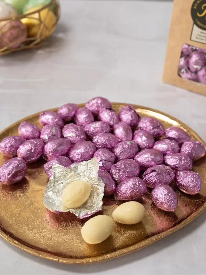 white chocolate pink foiled mini eggs