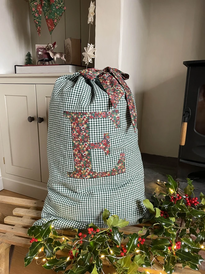 Green Gingham Linen Christmas Gift Sack with Liberty London Print Letter and Tie