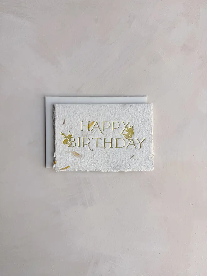 bee birthday card letterpressed on handmade paper with petals