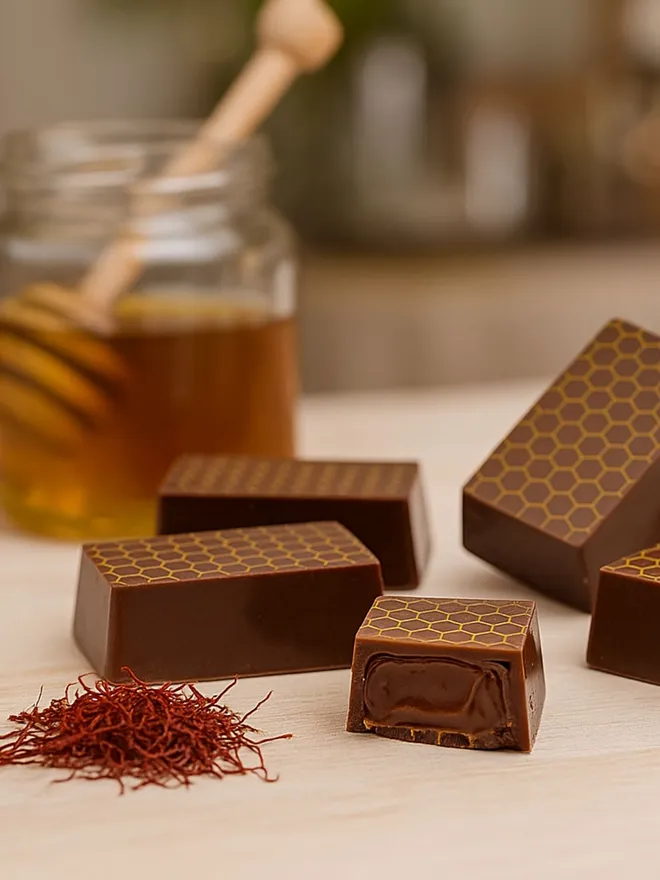 A lifestyle image of some artisan honey & saffron chocolates in a kitchen with a hot of honey and some saffron