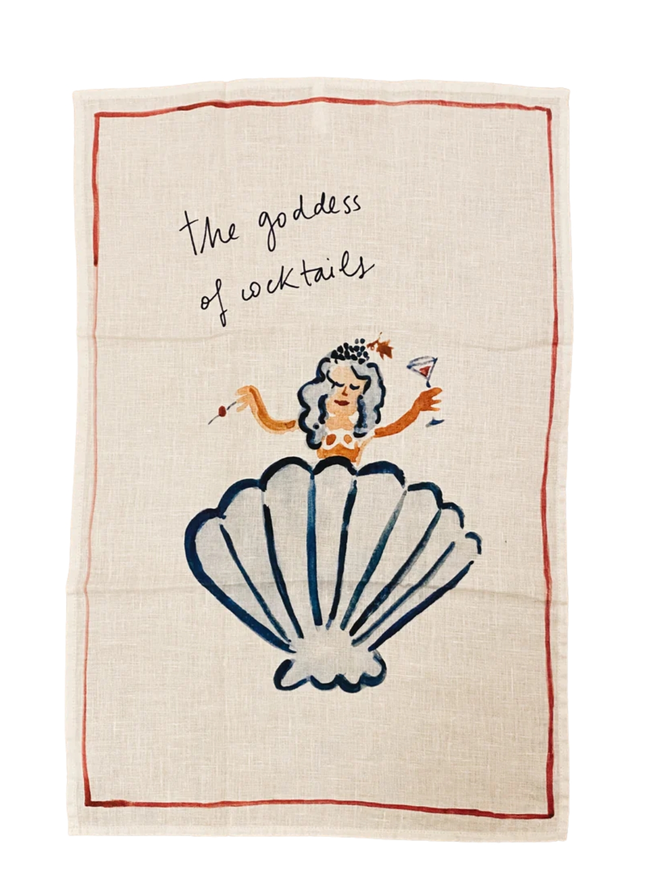 goddess of cocktails clam shell print linen tea towel