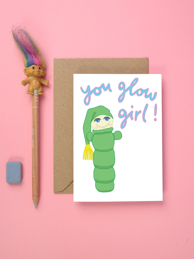 Colourful friendship retro card featuring 80s toy glo worm