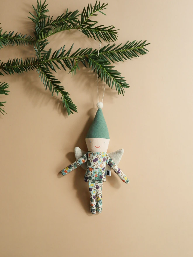 Handmade fariy christmas tree ornament with green or red linen hat, Liberty print outfit and linen wings.