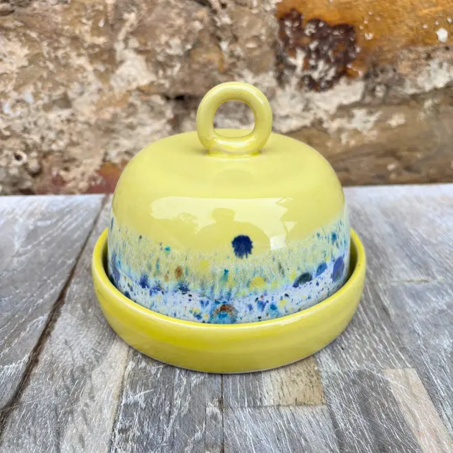 Shoreline Butter Dish, a colourful butter dish placed on a wooden surface against a brick wall. 