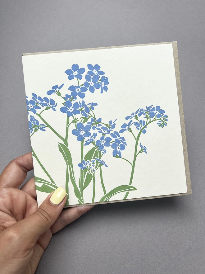 Forget me not big card with blue flowers and green stems
