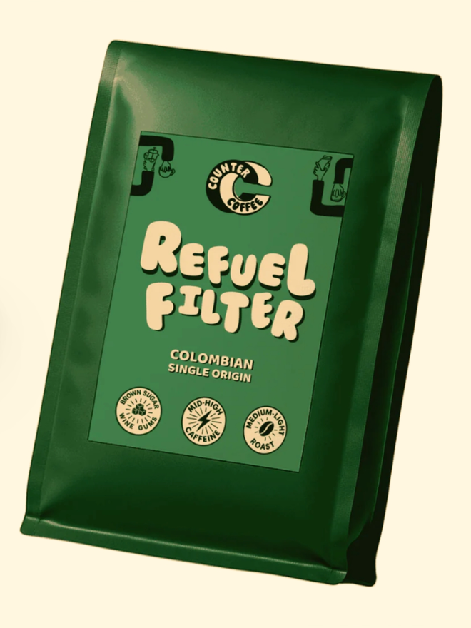 Refuel Filter. A bag of coffee beans from Counter Coffee.