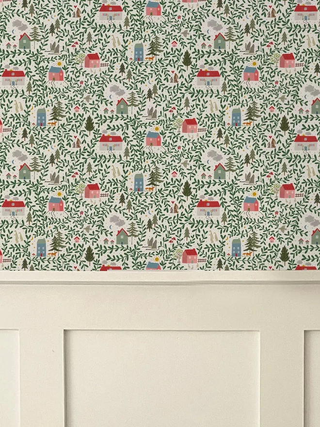 English Country Cottages wallpaper above white panelling