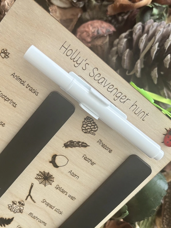 A personalised wooden scavenger hunt board titled “Holly’s Scavenger Hunt” sits among dried leaves and pinecones. Engraved illustrations and labels highlight a range of natural treasures and minibeasts to find, including pinecone, feather, acorn, spider’s web, shaped stick, mushrooms, fern, log, tree stump, sycamore keys, animal tracks, footprints, woodlouse, earthworm, snail, beetle, centipede, earwig, butterfly, and ant. Two black wipe‑clean sections are built into the board, and a white marker is attached with a bright green cord finished with a tiny ladybird bead