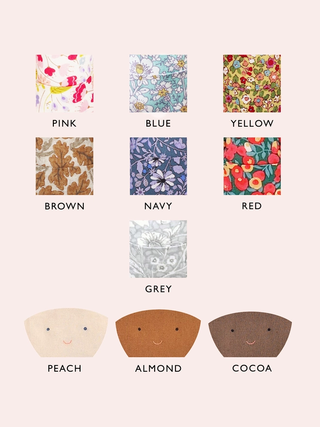 A selection of printed outfit pattern and skin tone for a fairy doll.