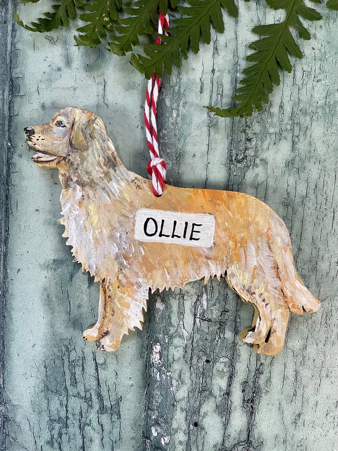 Golden Retriever Dog Portrait Christmas Tree Decoration with Red and White Twine to hang personalised with the name Ollie 