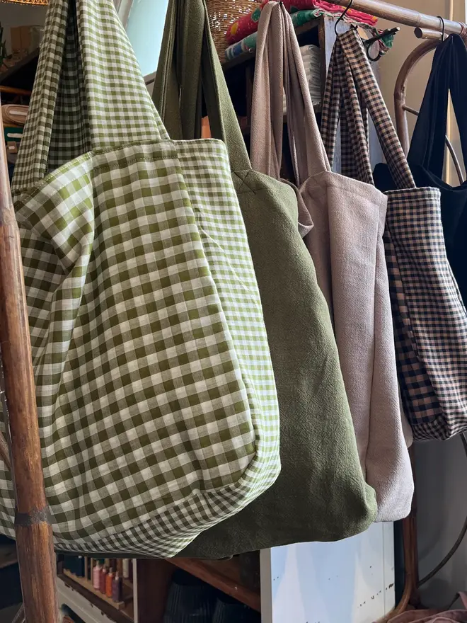 green and white gingham tote bag