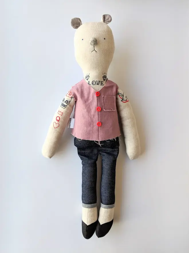 tattooed bear doll. two cream linen bear dolls with embroidered arm and neck tattoos and a pink waistcoat.