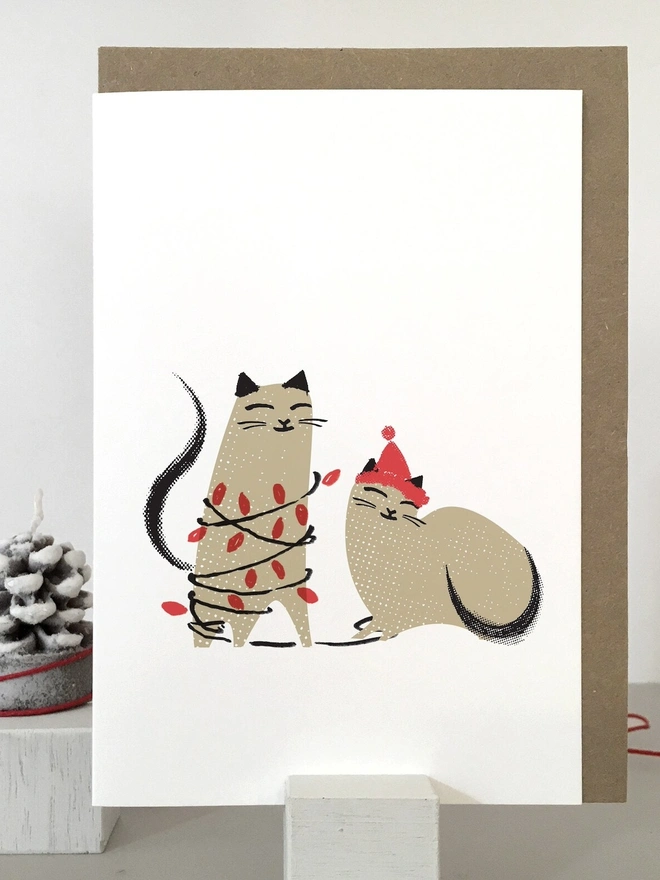 Cute Two Cats In Christmas Lights Cards (Pack Of 1 Or 5)