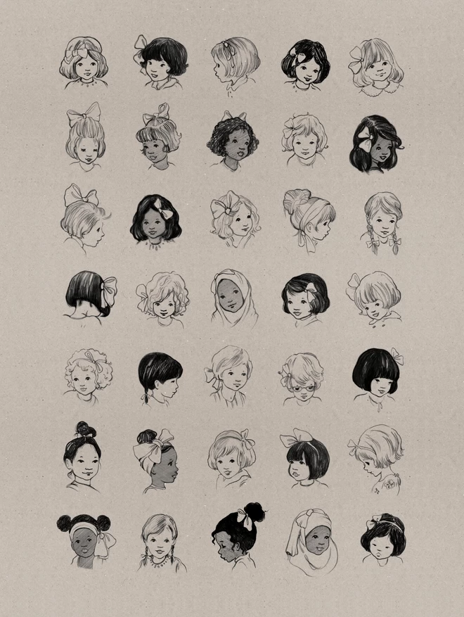 A3 art poster print of lots of little girls wearing different styles of hairbows printed on grey card in black ink vintage childrens book style
