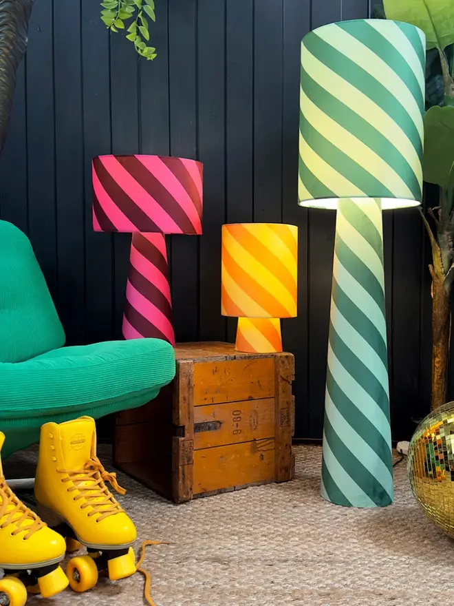 Portable Helter Skelter Velvet Lamps, in a room. 