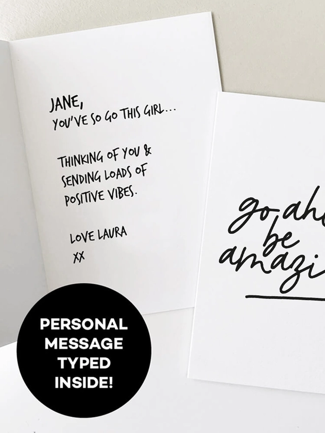 Inside greeting card showing how we personalise with your message