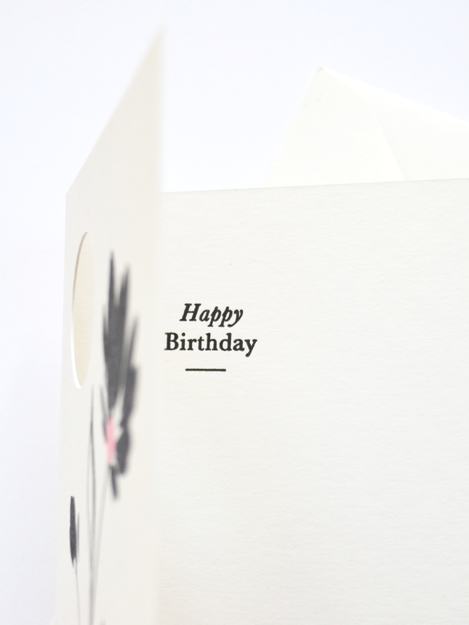 Inside of greeting card showing Happy Birthday message.  Black and white, letterpress printed.