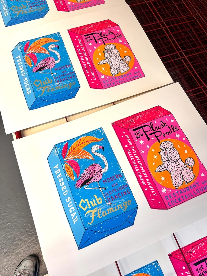 Shall We Dance Poodle And Flamingo Sugar Cubes Screenprint, a white screenprint with a pair of colourful box designs in the centre. 