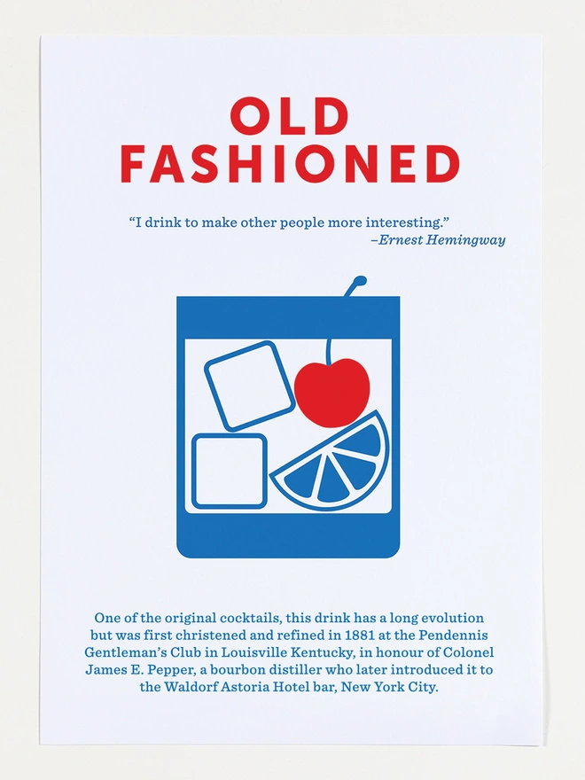 red and blue old fashioned cocktail screenprint