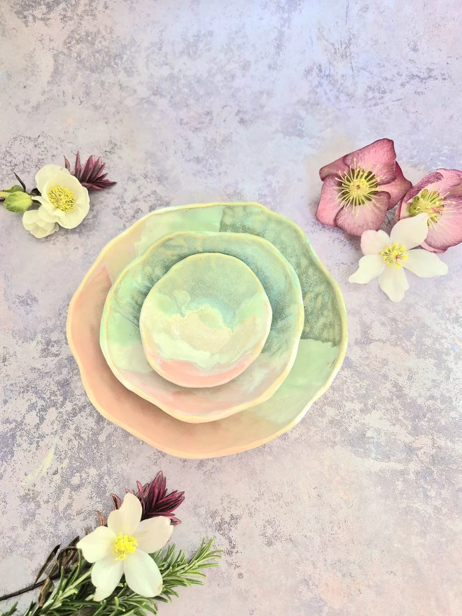 Nesting set of bowls, ceramic bowls, pottery bowls, Jenny Hopps Pottery, ceramic gift, home gift, Aqua, green, white, pink