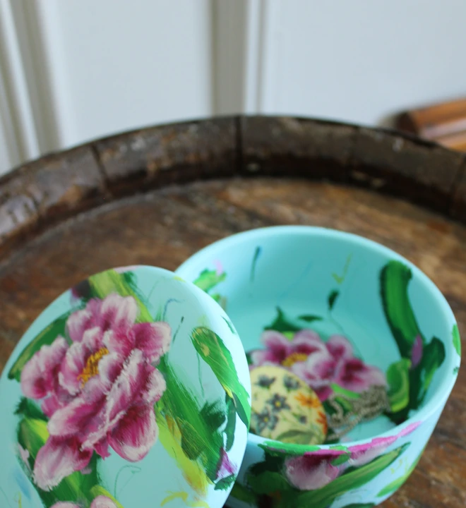 hand painted floral ceramic keepsake box background in a pale blue with pink peony flowers