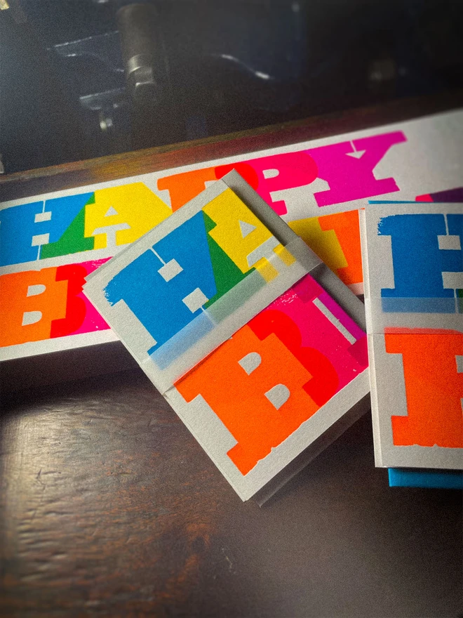 Handmade letterpress concertina birthday card featuring bold, joyful typography in vibrant neon colours. Each card is individually hand printed using traditional letterpress techniques on luxury paper stock, creating a beautifully tactile finish with deep impression and rich ink coverage. The playful fold-out concertina design reveals a striking “Happy Birthday” message across multiple panels, making it both a greeting card and a keepsake.  Created by hand for Holly & Co , this contemporary artisan birthday card combines modern graphic design with traditional craftsmanship. Perfect for design lovers, colourful stationery enthusiasts, and anyone looking for a unique luxury birthday card with personality.