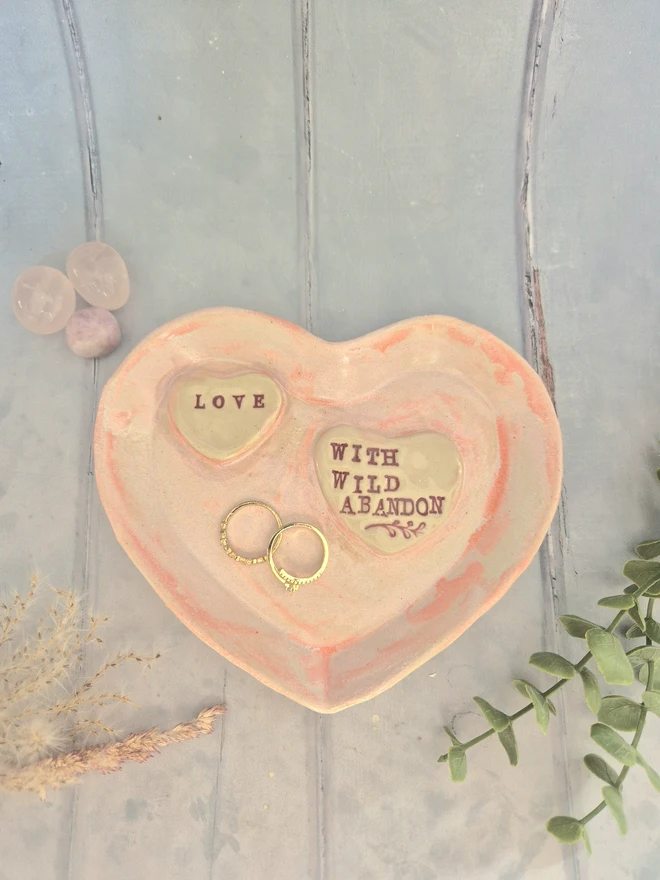 Love with wild abandon dish, ceramic jewellery dish, trinket dish, Heart dish, Jenny Hopps Pottery