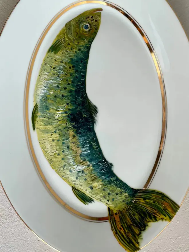 rainbow trout oil painted on ceramic plate
