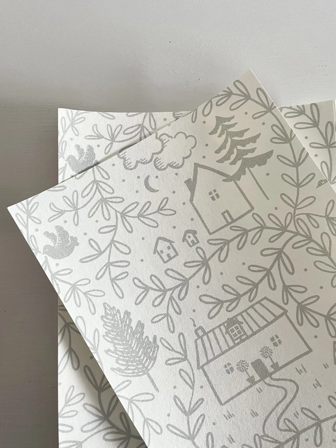 Ducks In A Row Cottages in the Woods Wallpaper Pebble colour way A5 Samples