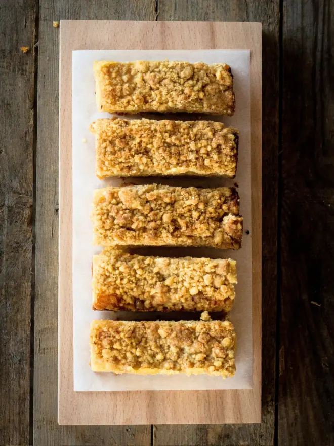 A tray of lemon curd crumble cake