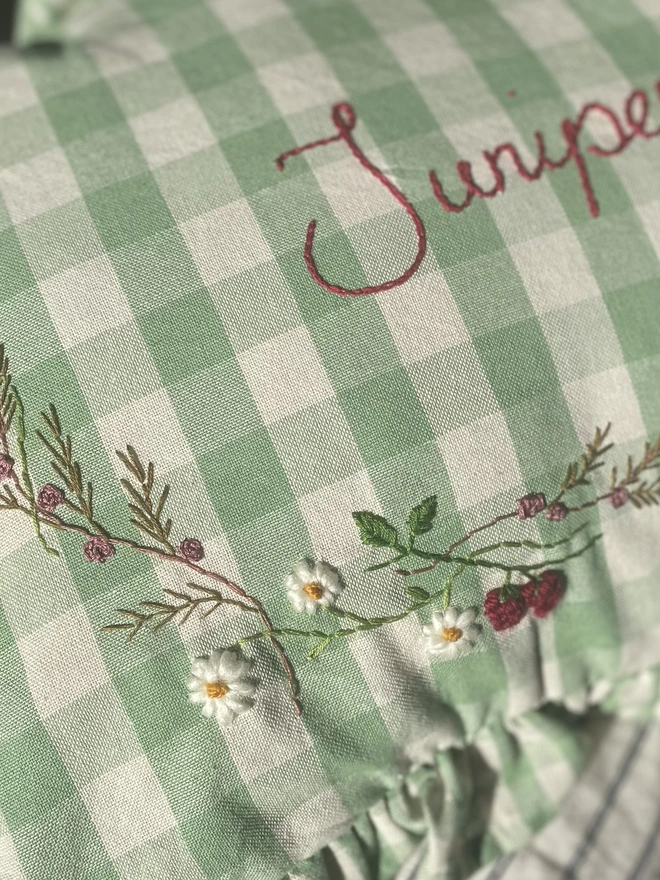 Green gingham hand embroidered cushion. Personalised nursery baby children’s cushion 