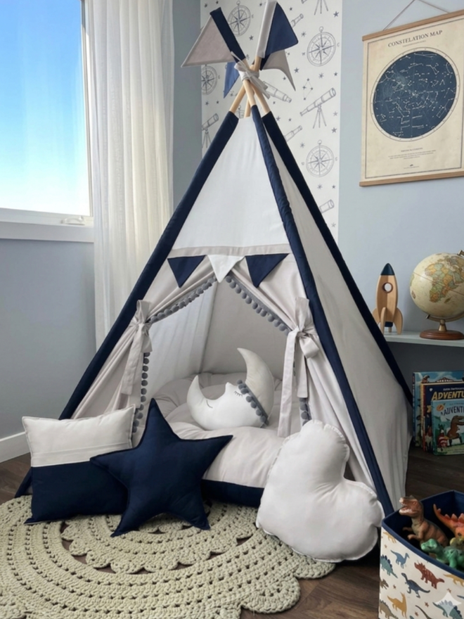 Personalised White, Light Grey and Navy Bunting Teepee. A teepee in a child’s bedroom.