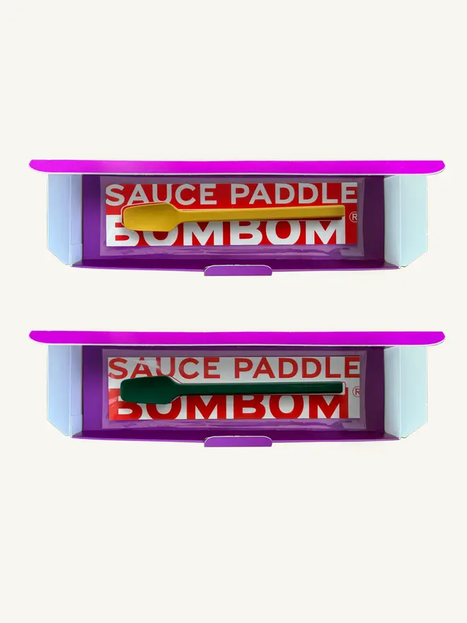 bom bom trio. two colour options of sauce paddle, yellow and forest green.