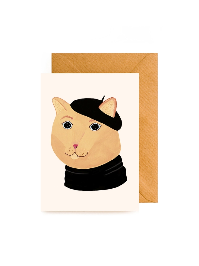 Greeting card with a picture of a cat wearing a turtleneck jumper and a beret