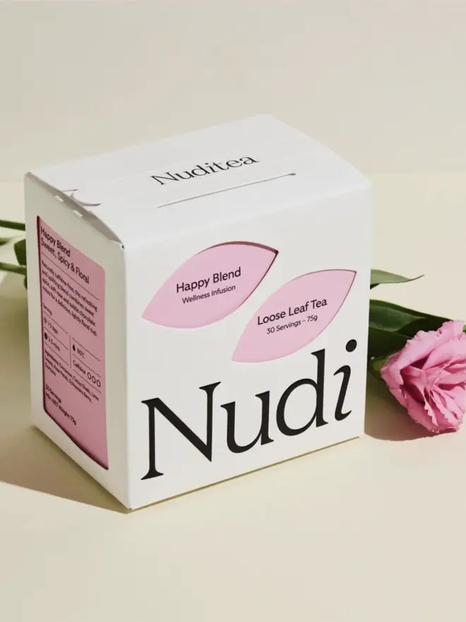 white box of happy blend tea with rose pink leaf designs