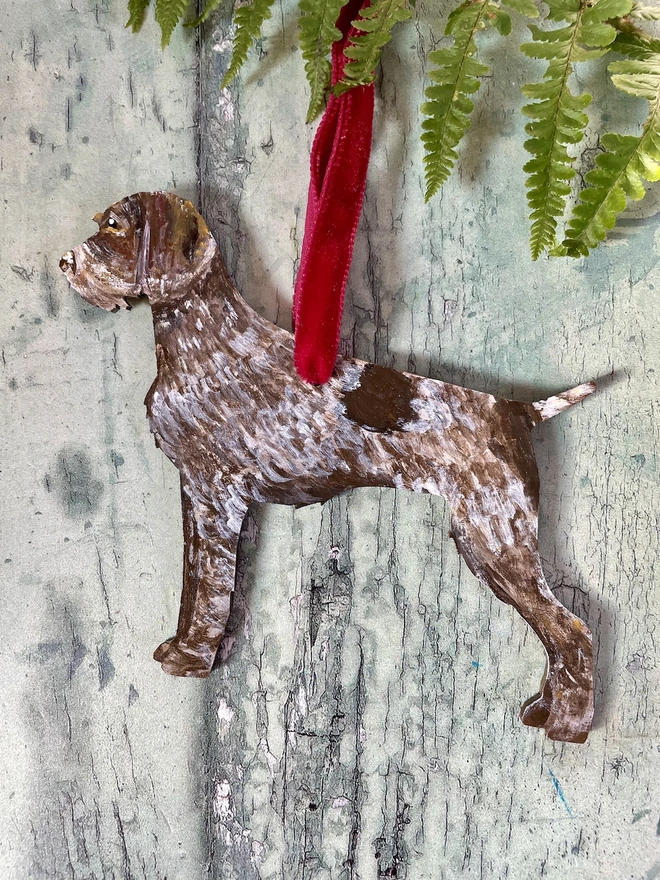 German Wire-haired Pointer Hand- painted wooden Christmas decoration with a red velvet ribbon to hang 