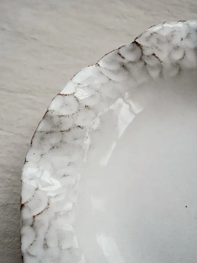 Dapple Stoneware Pasta Bowl, placed on a table cloth. 