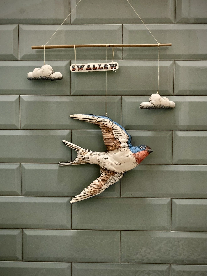 swallow bird cut and sew tea towel mobile decoration