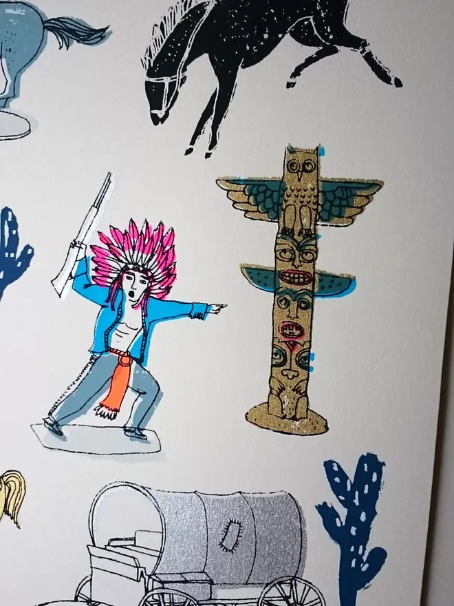 Cowboys Are Square, Indians Are Best Yee Hah!, a collection of colourful cowboy designs on a white screenprint. 