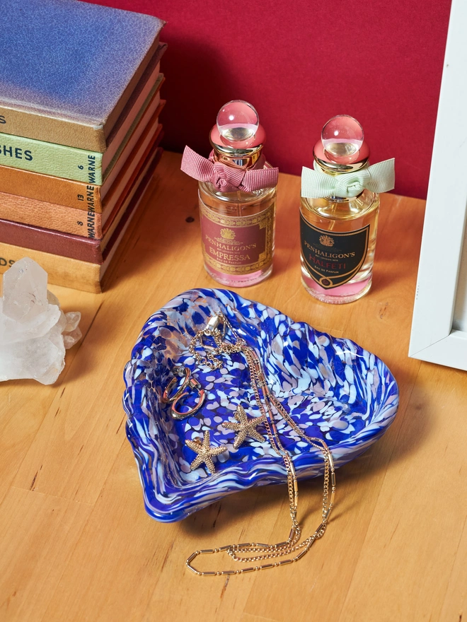 Murano glass heart shaped trinket dish in three colours