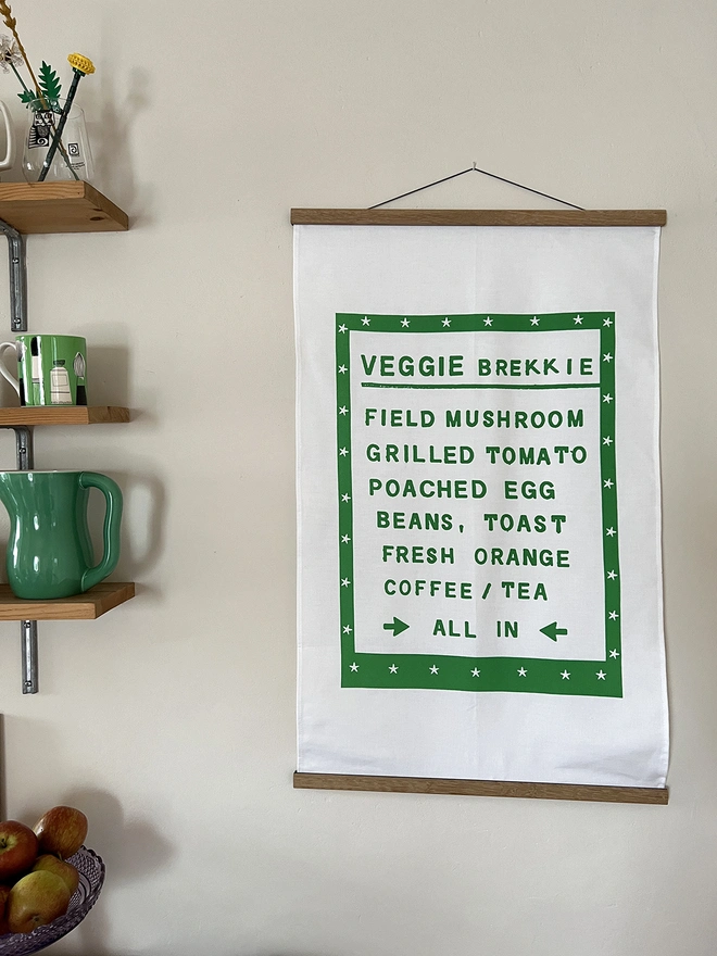 Mr.PS Veggie Brekkie Tea Towel display using the optional hanger