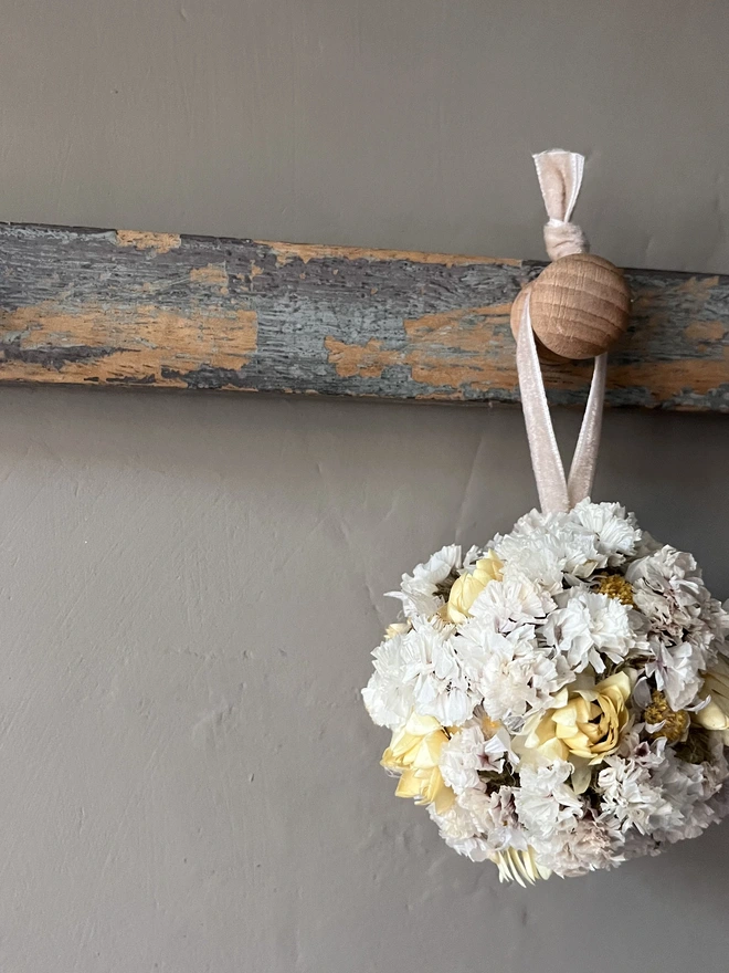 White and Yellow Christmas Dried Flower bauble. Made using a selection of homegrown dried flowers. 