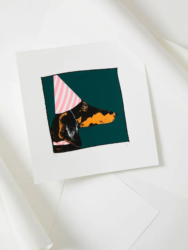 Dachshund in a Party Hat Green Screen Print 