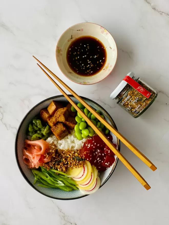 amazing vegan poke with furikake tofu pickled watermelon ginger edamame and radish  