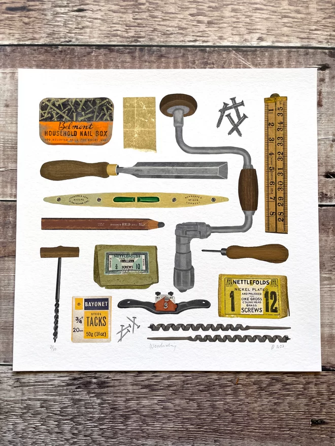 Print featuring vintage woodworking tools